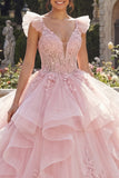 Różowa balowa suknia balowa z aplikacjami na Quinceanera z 3D kwiatami
