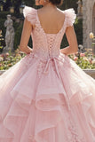 Różowa balowa suknia balowa z aplikacjami na Quinceanera z 3D kwiatami