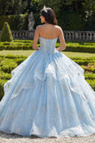 Sukienka balowa bez ramiączek z falbanami w kolorze niebieskiego nieba Quinceanera