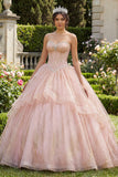 Sukienka balowa bez ramiączek, z koralikami i różową falbaną Quinceanera