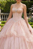 Sukienka balowa bez ramiączek, z koralikami i różową falbaną Quinceanera