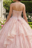 Sukienka balowa bez ramiączek, z koralikami i różową falbaną Quinceanera