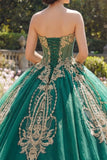 Balowa suknia, zielona sukienka bez ramiączek z aplikacjami z Quinceanera