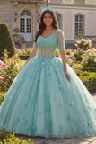 Jasnozielona suknia balowa z półrękawem i gorsetem 3D Flower Quinceanera