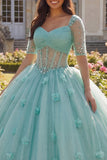 Jasnozielona suknia balowa z półrękawem i gorsetem 3D Flower Quinceanera