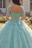 Jasnozielona suknia balowa z półrękawem i gorsetem 3D Flower Quinceanera
