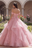 Różowa balowa suknia z odsłoniętymi ramionami z aplikacjami i falbanami – sukienka Quinceanera