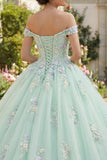 Sukienka Quinceanera z odkrytymi ramionami Zielona suknia balowa z kwiatami 3D