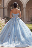 Niebieska suknia balowa bez ramiączek z aplikacjami na korset, sukienka Quinceanera
