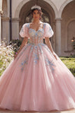 Różowa suknia balowa z aplikacjami na gorset Quinceanera z puszystymi rękawami