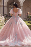 Różowa suknia balowa z aplikacjami na gorset Quinceanera z puszystymi rękawami