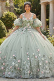Sage Green Ball Dress 3D Kwiaty – sukienka księżniczki z Quinceanera z puszystymi rękawami