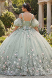 Sage Green Ball Dress 3D Kwiaty – sukienka księżniczki z Quinceanera z puszystymi rękawami