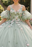 Sage Green Ball Dress 3D Kwiaty – sukienka księżniczki z Quinceanera z puszystymi rękawami