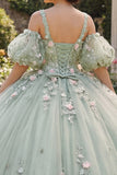 Sage Green Ball Dress 3D Kwiaty – sukienka księżniczki z Quinceanera z puszystymi rękawami