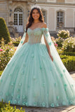 Jasnozielona suknia balowa z koralikami z ramionami, gorset 3D flower Quinceanera z peleryną
