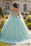 Jasnozielona suknia balowa z koralikami z ramionami, gorset 3D flower Quinceanera z peleryną
