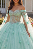 Jasnozielona suknia balowa z koralikami z ramionami, gorset 3D flower Quinceanera z peleryną