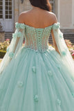 Jasnozielona suknia balowa z koralikami z ramionami, gorset 3D flower Quinceanera z peleryną