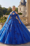 Królewsko niebieski suknia balowa z dekoltem na rękawach z aplikacjami Quinceanera i peleryną