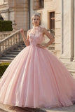 Sukienka balowa z różem na ramię i dekoltem z aplikacją Quinceanera