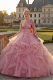 Różowa suknia balowa z falbanami i sukienią Quinceanera z długim rękawem
