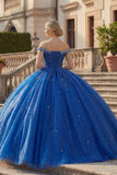 Sukienka balowa z odkrytymi ramionami – królewsko-niebieskia suknia balowa z brokatem i brokatem na Quinceanera