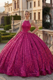 Błyszcząca fuksja, balowa suknia z cekinami i sukienią Quinceanera