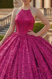 Błyszcząca fuksja, balowa suknia z cekinami i sukienią Quinceanera