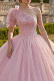 Sukienka balowa na jedno ramię, różowa, aplikowana z brokatem i sukienka z Quinceañera