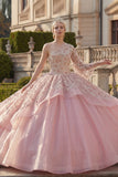 Balowa suknia różowa, z koralikami na jednym ramieniu i falbanami z finałkami Quinceanera