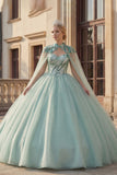 Błyszcząca suknia balowa Sweetheart cekiny z miętową zieloną sukienką Quinceanera z peleryną