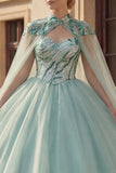 Błyszcząca suknia balowa Sweetheart cekiny z miętową zieloną sukienką Quinceanera z peleryną