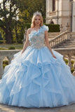 Suknia balowa na jedno ramię, niebieska aplikacjowana sukienka Quinceanera z falbanami