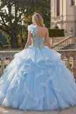 Suknia balowa na jedno ramię, niebieska aplikacjowana sukienka Quinceanera z falbanami