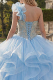 Suknia balowa na jedno ramię, niebieska aplikacjowana sukienka Quinceanera z falbanami