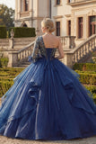 Granatowa suknia balowa na jedno ramię, kwiatowa sukienka Quinceanera z falbanami