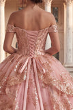Sukienka balowa z odkrytymi ramionami – różowa falbaniana suknia Quinceanera
