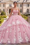 Balowa suknia bez ramiączek gorset różowa w kwiatach z quinceanera