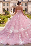 Balowa suknia bez ramiączek gorset różowa w kwiatach z quinceanera
