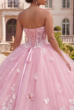Balowa suknia bez ramiączek gorset różowa w kwiatach z quinceanera
