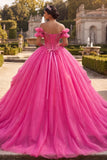 Fuksja z odsłoniętymi ramionami koralikowana suknia balowa Quinceanera