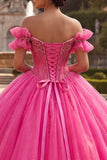 Fuksja z odsłoniętymi ramionami koralikowana suknia balowa Quinceanera