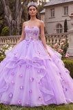 Sukienka balowa bez ramiączek, liliowa falbaniana z Quinceanera i kwiatami 3D