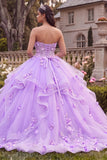 Sukienka balowa bez ramiączek, liliowa falbaniana z Quinceanera i kwiatami 3D