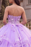 Sukienka balowa bez ramiączek, liliowa falbaniana z Quinceanera i kwiatami 3D