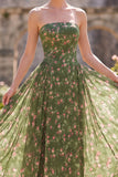 Kwiatowa Ciemnozielony Bez Ramiączek Midi Sukienki Na Wesele