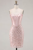 Sweetheart Blush Satynowy Bodycon Corset, cekiny i sukienka na powrót do domu