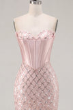 Sweetheart Blush Satynowy Bodycon Corset, cekiny i sukienka na powrót do domu