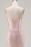 Sweetheart Blush Satynowy Bodycon Corset, cekiny i sukienka na powrót do domu